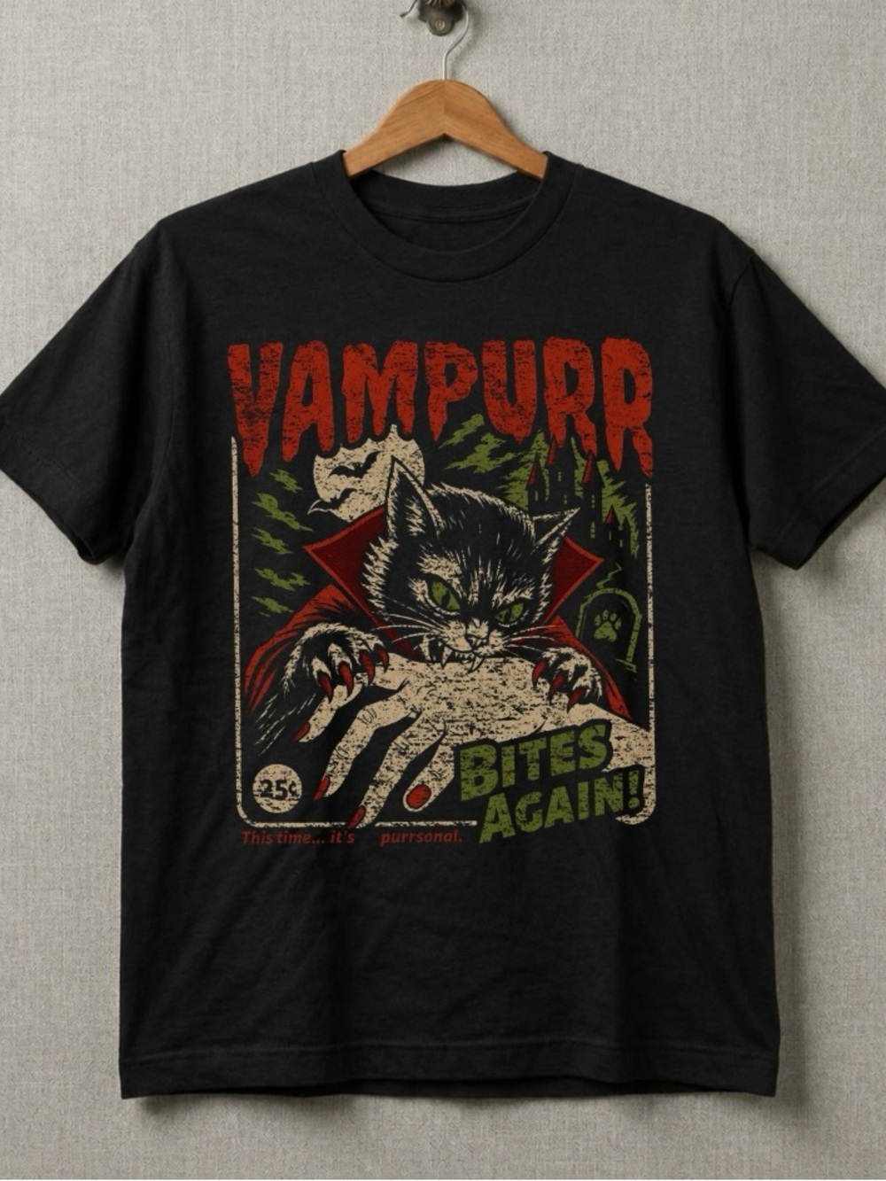 Vampire Cat Bites Again Retro Halloween Funny Spooky Season Tee | Gildan